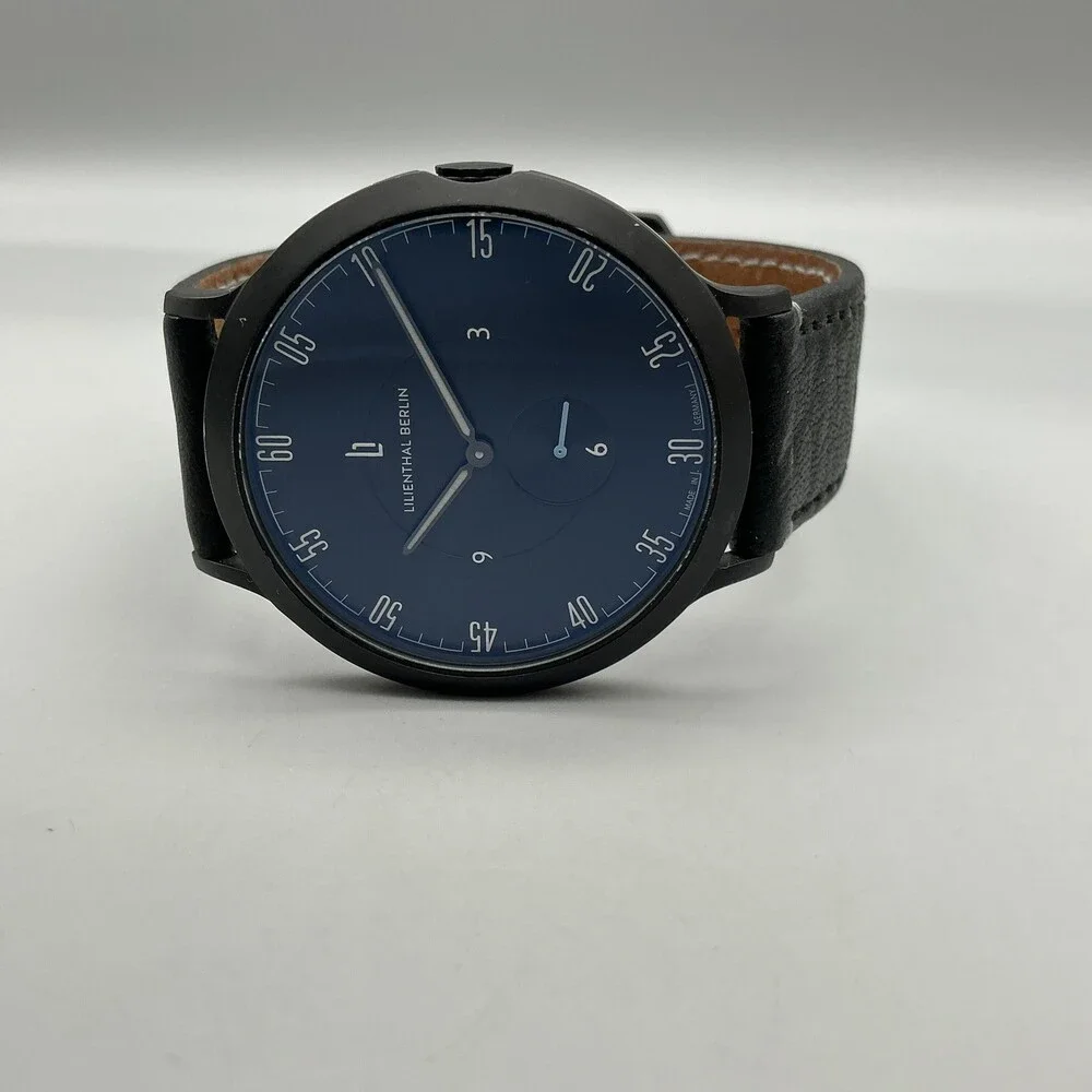 Lilienthal Berlin L1 All Black Mens Watch 42mm Black Dial Leather New Battery
